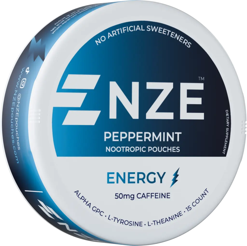 NZE Peppermint nicotine-free caffeine pouch can